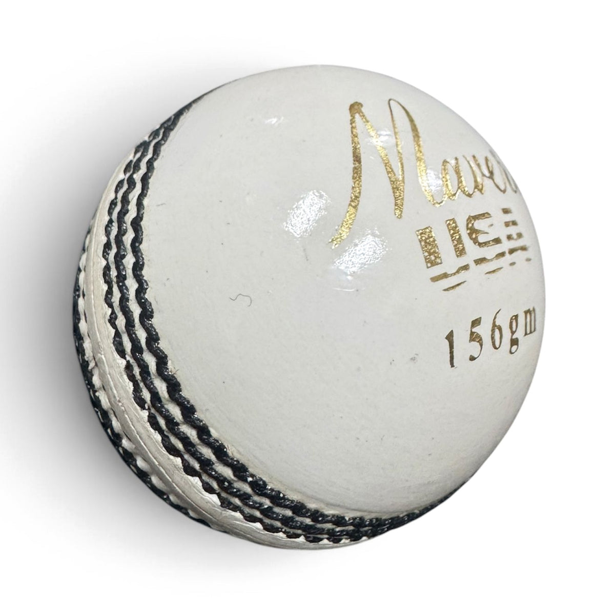 Maveric 156gm weight stamp on a GO white leather cricket ball